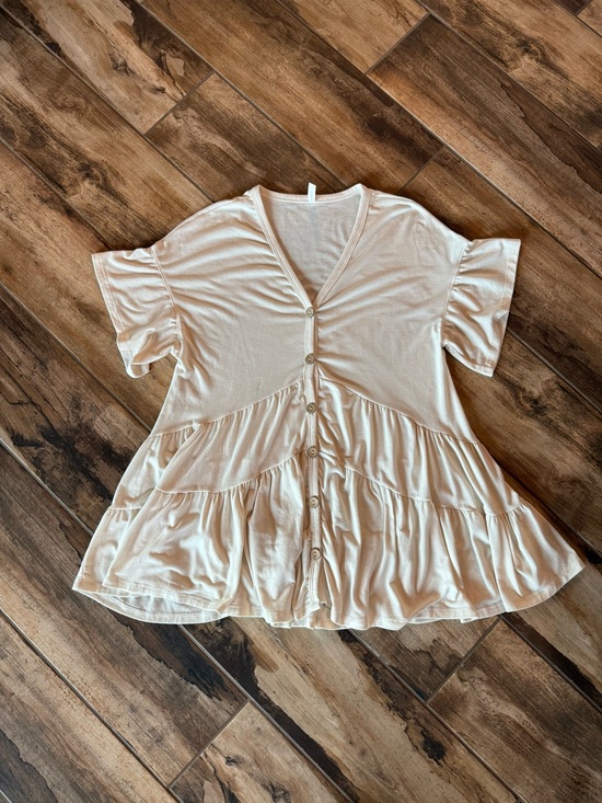 Three Bird Nest Tops - Three Bird Nest Cream Button-Front Tiered V-Neck Tunic